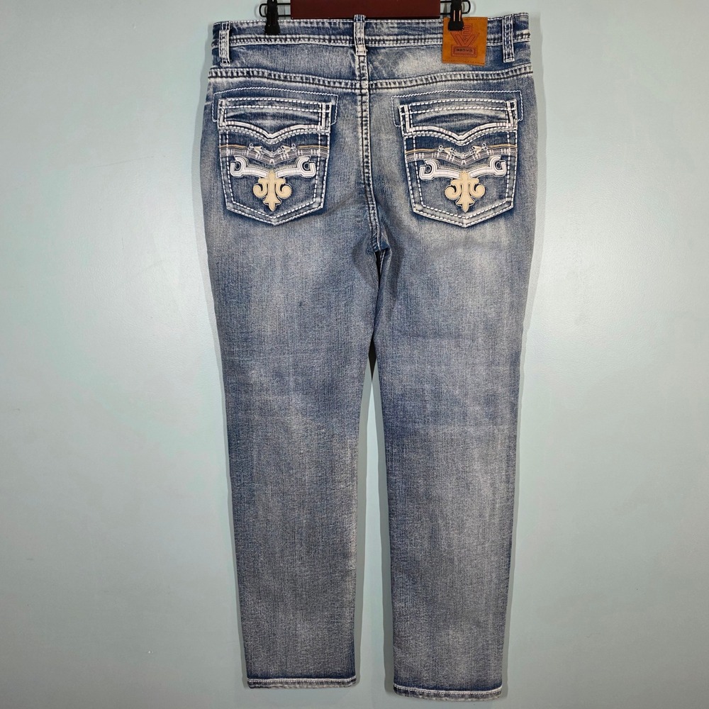 Mens‎ Western Blue Jeans ESDVQ Light Wash Thick Stitch Embroidered 37x30 Y2K